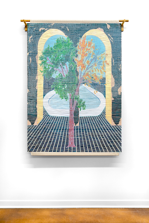 Lynn Bennett-Carpenter, "Janus", 2024, handwoven drawing on basswood, 5 1/2 x 4'