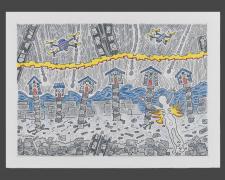 "Six Houses", 2025, ink and color pencil on Stonehenge paper, 6 1/2 x 8 7/8"