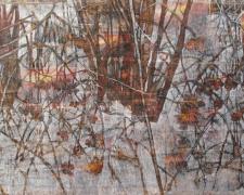 Fire and Ice, 2015, oil, chalk, over collaged print matter/distressed canvas, 48 x 96"