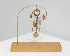"Up Mobile", 2021, bronze, copper, brass, white oak, 12 1/2 x 13 1/2 x 6"