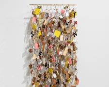 "Measured", 2021, wall mobile: brass, aluminum, bronze, found objects, 16 x 44 x 4"