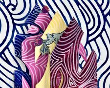 "Once Upon a Home XXVIII", 2026, enamel and oil-based markers on layered hand-cut paper, vintage wallpaper, 14 x 11"