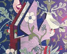"Once Upon a Home XXXI", 2026, enamel and oil-based markers on layered hand-cut paper, vintage wallpaper, 14 x 11"
