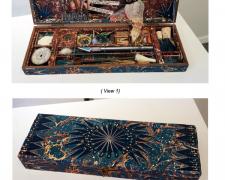 How Do I Love Thee, Homage To My X-ACTO Knife, 2013, wooden box, marbled paper, knife blades, made and found objects, 11 1/2 x 2 x 5"