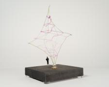 "Black [A Chosen Path]" (View 2), 2021, embroidery floss, clock mechanism, miniature figurine, wood base, 4 x 4 x 6.5"