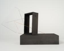 "Black [Assimilated Framing]" (View 1), 2021, acrylic sheet, clear cord, embroidery floss, cardboard frame, wood base, 10 x 5 x 7"