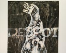 De-Spot, 2018, ink, gesso, netting, printed matter on paper, 28 x 20 1/2"