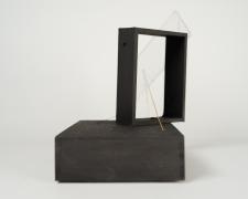 "Black [Assimilated Framing]" (View 2), 2021, acrylic sheet, clear cord, embroidery floss, cardboard frame, wood base, 10 x 5 x 7"