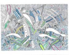 "A Serious Disturbance", 2006, ink and color pencil on Stonehenge paper, 6 1/2 x 8 3/4"
