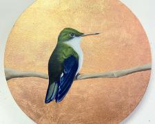 Angel Castelán, "Despedida", 2024, acrylic and copper leaf on panel, 12" round