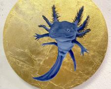Angel Castelán, "Lagrimas del Sol", 2024, acrylic and gold leaf on panel, 12" round