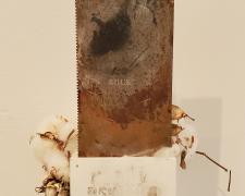 Ann Johnson, Buck, 2021, transfer print, embossing, found objects, 16 x 11 x 5"