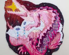 "Selfish Beast Who Ate A Star", 2021, rug hooked and gun tufted yarn, thread, plastic gems, felt, and needle felted eyes on monks cloth, 46 x 42"