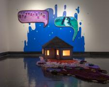 Ghosts of The San Miguel Ranch, 2022, wooden ranch house, plexiglass, house paint, LED, rug hooked and tufted landscape, mural, vinyl, rug tufted and felt photo stills from the ranch, 32 x 52 x 98"