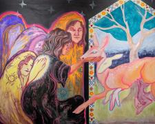 My Epoch: Angelica, Melinda, Irma, Louisa, Leonor, 2022, mixed media on panel, 48 x 72"