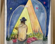 "A Safeguarded Man Salvages Her Needs", 2022, watercolor and gouache on cotton paper, p.s. 16 x 11" (Origin Series)