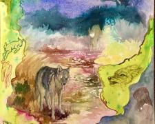 "The Time We Had Goats At The San Miguel Ranch", 2023, watercolor, colored pencil, graphite on board, p.s. 14 x 11" / f.s. 20 x 16"