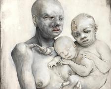 A Holy Family (via Jan Gossaert), 2018, graphite, acrylic on panel, 12 x 12 x 3 3/8"