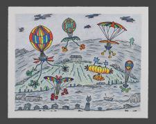 "Airy Buzzers", 2026, ink and color pencil on Stonehenge paper, 8 x 10"