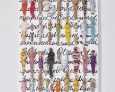 "All Wrapped Up", 2020, dolls, paper, adhesive, and mixed media on wood panels, 72 x 36 x 4"