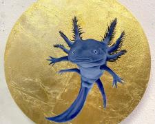 "Lagrimas del Sol", 2024, acrylic and gold leaf on panel, 12" round