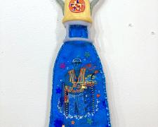 Angelica Raquel, "Dad's Lantern", 2025, needle felted wool, wet felted wool and poly fibers, sequins, polyfill, secondhand trim and buttons, thread, 33 x 11 x 5" (view 1)