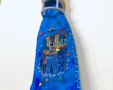 Angelica Raquel, "Dad's Lantern", 2025, needle felted wool, wet felted wool and poly fibers, sequins, polyfill, secondhand trim and buttons, thread, 33 x 11 x 5" (view 2)