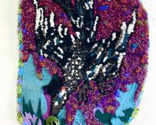 Angelica Raquel, "Everyday He Visited Me" (roadrunner), 2023, hand hooked yarns, felt, embellishment, needle felted anole lizard, second hand embroidered border on monks cloth, 23 x 16"
