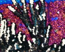 Angelica Raquel, "Everyday He Visited Me" (detail), 2023, hand hooked yarns, felt, embellishment, needle felted anole lizard, second hand embroidered border on monks cloth, 23 x 16"
