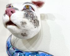 Angelica Raquel, "Gentle Watcher", 2022, needle felted wool, glass beads, embroidery, sheet felt, felted yarns, polyfill, 8 x 9 x 11" dog head / 16 x 10" speech bubble