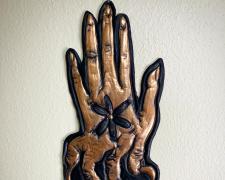 Angelica Raquel, "Harmony", 2023, copper, glass beans, and acrylic paint, 14 3/4 x 6 1/2"