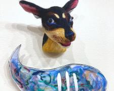 Angelica Raquel, "La Hermanas Lellas: Emma", 2022, needle felted wool, glass beads, embroidery, sheet felt, felted yarns, polyfill, 9 x 8 x 7" dog head / 15 x 9" speech bubble