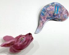 Angelica Raquel, "La Hermanas Lellas: Pinky", 2022, needle felted wool, glass beads, embroidery, sheet felt, felted yarns, polyfill, 10 x 9 x 6" dog head / 17 x 9" speech bubble