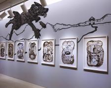 "La Mama Coyote & The Lone Rancher" (Installation), 2023, tapestry (6 x 9'): tufted cotton yarn on monks cloth, thread, sheet felt; 10 ink paintings (f.s. 39 x 24 1/2" each)