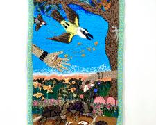 "Mom and Dad's Morning Prayers", 2024, hand hooked yarns, ribbons, silks on monks cloth; secondhand trim, thread, buttons and sheet felt, 54 x 30"