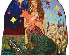 "Psalms of My Youth", 2023, rug hooked and gun tufted yarns, embroidery, and glass beads on monks cloth and felt, 72 x 59"