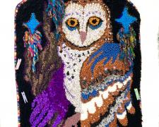 Angelica Raquel, "Sister's Curse", 2024, rug hooked yarn, ribbon, and silk on monks cloth, felt, trim, and wooden clothespins, 35 x 21"