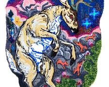 "The Stag's Dream", 2023, gun tufted and hand hooked yarns, ribbons, and silks on monks cloth, 65 x 51"
