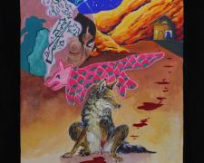 "For His Foul She Morphed, For His Love He Maimed", 2021, gouache on cotton paper, p.s. 9 3/4 x 6 1/4" / f.s. 15 x 12"