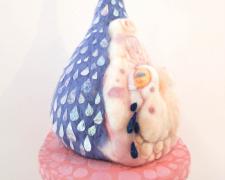 "From The Heart And Through The Eyes, In The Mouth For The Guise", 2019, needle felt soft sculpture, thread, flocked wooden tongue, 18 x 11 x 8"