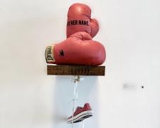 "Say Her Name", 2025, boxing gloves, cotton bolls, vinyl, transfer print, variable dimensions