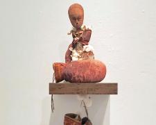 "Since 1619", 2025, intaglio on raw cotton, cotton bolls, leather boxing gloves, Akuba fertility doll, transfer print, variable dimensions