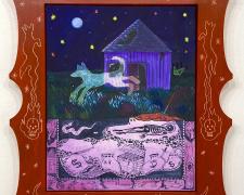 "Bandito’s Loyal Treasure Guard", 2025, gouache on panel in handmade frame, panel size: 20 x 16", f.s. 27 1/2 x 24 x 2"