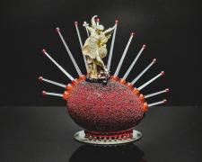 "Slaying the Demon", 2024, goose egg, mixed media, 5 x 5 1/2 x 3"