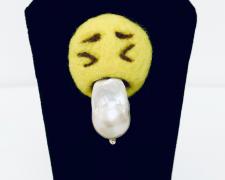 Mom's Spaghetti, 2023, sterling silver, pearls, wool, copper, resin, glitter, 2 x 1 1/4 x 1/4"