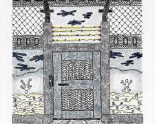 "Border Wall", 2020, ink and color pencil on Stonehenge paper, 7 x 6"