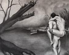 "To Zanarkand", 2025, charcoal on paper mounted on panel, 16 x 20 x 1"