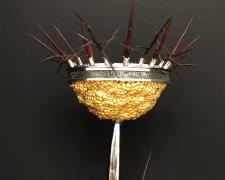 "By the Pricking of My Thumbs…, Chalice", 2020, double-walled vessel: angle raised and hollow formed nickel, electro-formed copper with 24K gold gilding, etched nickel, papier-mâché and painted rock form, brass, Honey Locust thorns, 12 1/2 x 8 x 8”