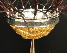 "By the Pricking of My Thumbs…, Chalice" (detail), 2020, double-walled vessel: angle raised and hollow formed nickel, electro-formed copper with 24K gold gilding, etched nickel, papier-mâché and painted rock form, brass, Honey Locust thorns, 12 1/2 x 8 x 8”