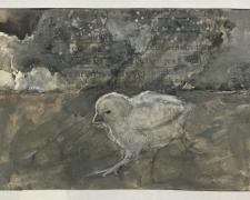 "Chicken Little", 2020, gouache, charcoal, print matter collage on paper, i.s. 10 x 14" / f.s. 18 x 22"